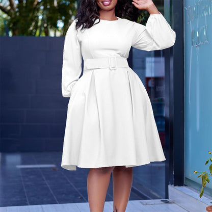 Damen Midi-Kleid mit Ärmeln und Taillengürtel Eveloria