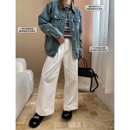 Damen Jeansjacke Lässiger Schnitt Kontrastkragen Blau