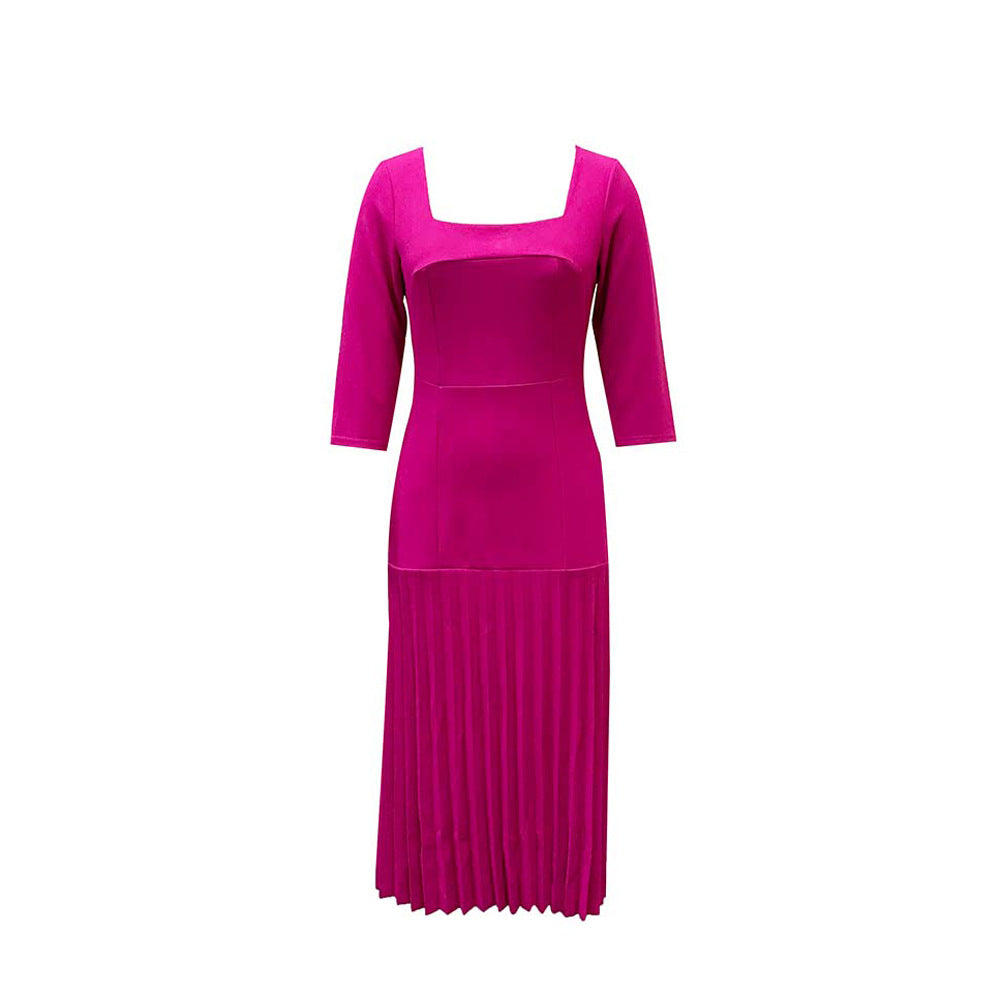 Damen Plissee-Kleid mit Quadrat-Ausschnitt und 3/4-Ärmeln