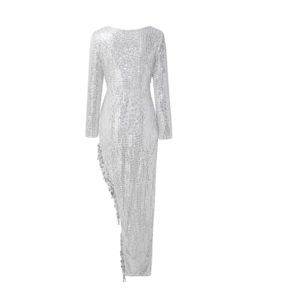Damen Glitzerkleid V-Ausschnitt Seitenschlitz Eveloria