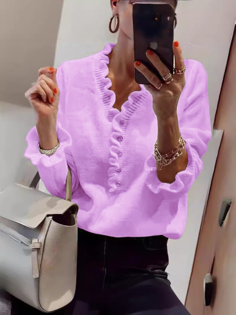Damen Bluse Rüschendesign Knopfleiste Blume Farbe Weiß