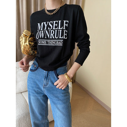 Damen Langarm-T-Shirt Lässig Mit Schriftzug Grau - Eveloria