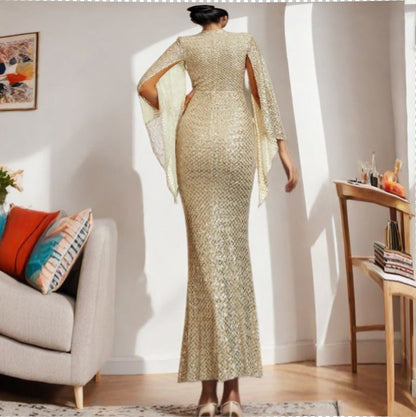 Damen Abendkleid Pailletten Schwingärmel Eveloria