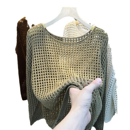 Damen Strickpullover Luftig Grobes Netzmuster Beige