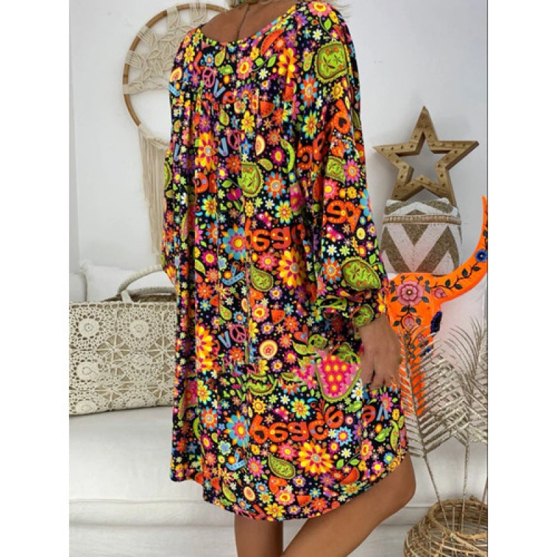 Damen Freizeitkleid buntes Blumenmuster V-Ausschnitt Eveloria