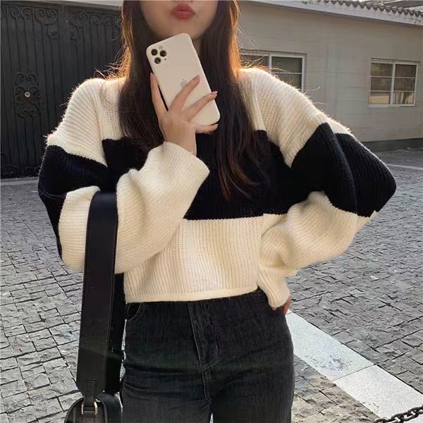 Damen Grobstrickpullover Modernes Farbblockdesign