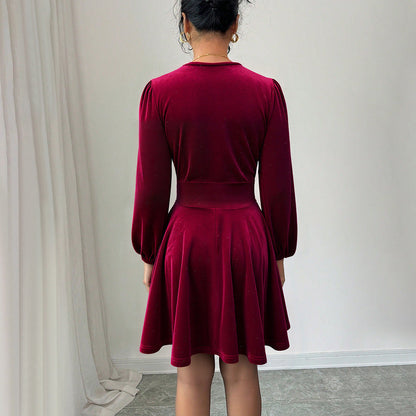 Damen Kurzarmkleid mit Puffärmeln V-Ausschnitt