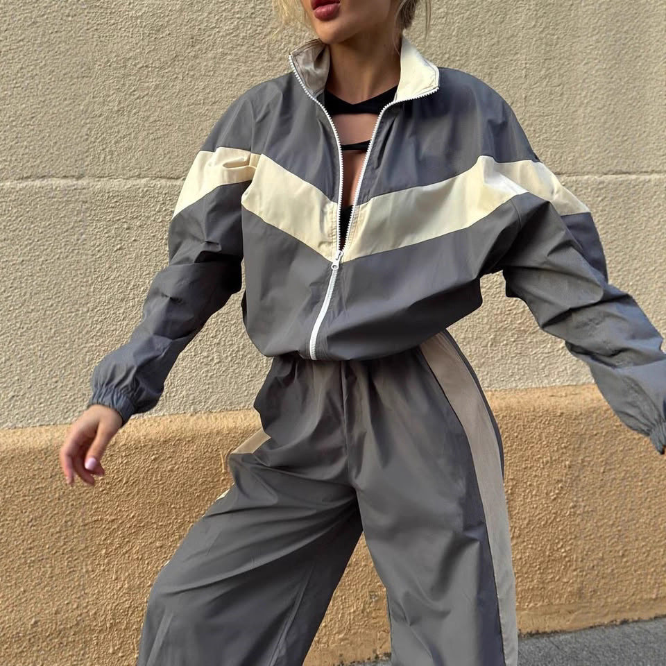 Damen Windbreaker Hochkragen Kontraststreifen Eveloria