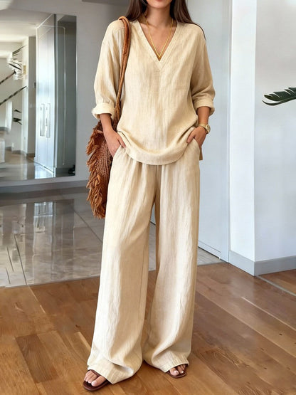 Damen Leinenoberteil und Palazzo-Hosen Set Leinen Beige