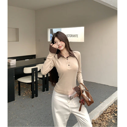 Damen Langarm Poloshirt Streifen Kragen Weiß