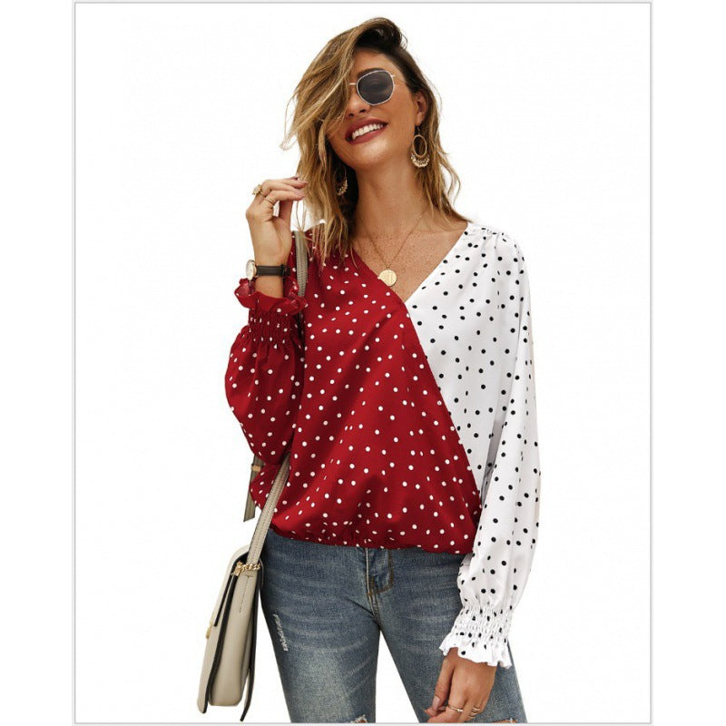 Damen Bluse Asymmetrisches Punkten-Design Elastische Ärmel