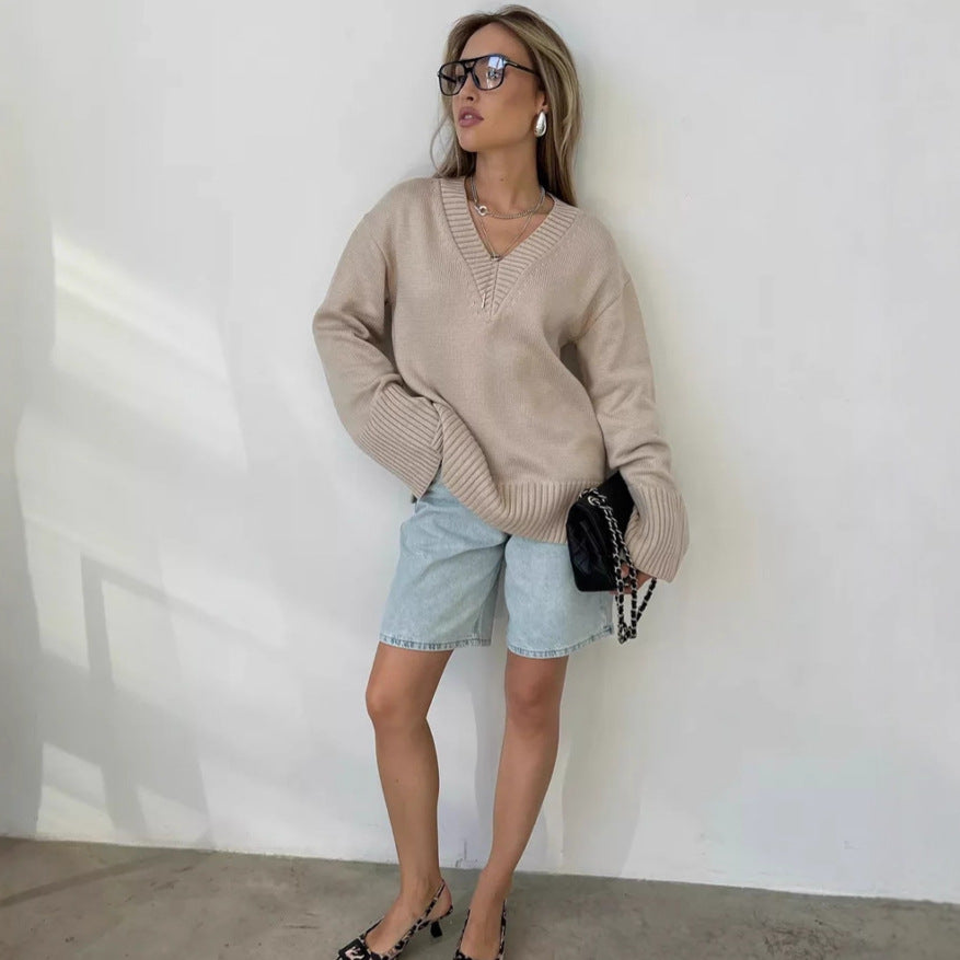 Damen Strickpullover V-Ausschnitt Lässig Eveloria