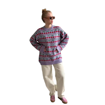 Damen Strickpullover Kirschmotiv Eveloria