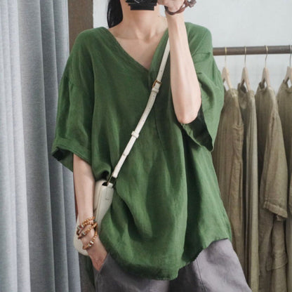 Damen Leinen T-Shirt Oversized V-Ausschnitt Beige