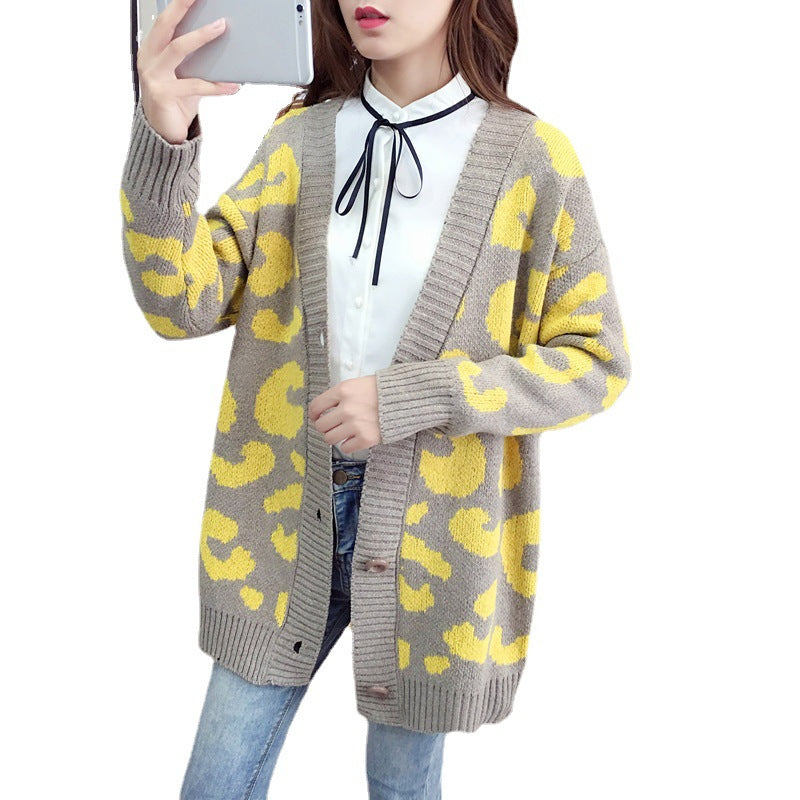 Damen Strickcardigan Leopardenmuster Groß Knöpfe Beige