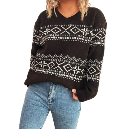 Damen Pullover V-Ausschnitt Skandinavisches Muster Locker Eveloria