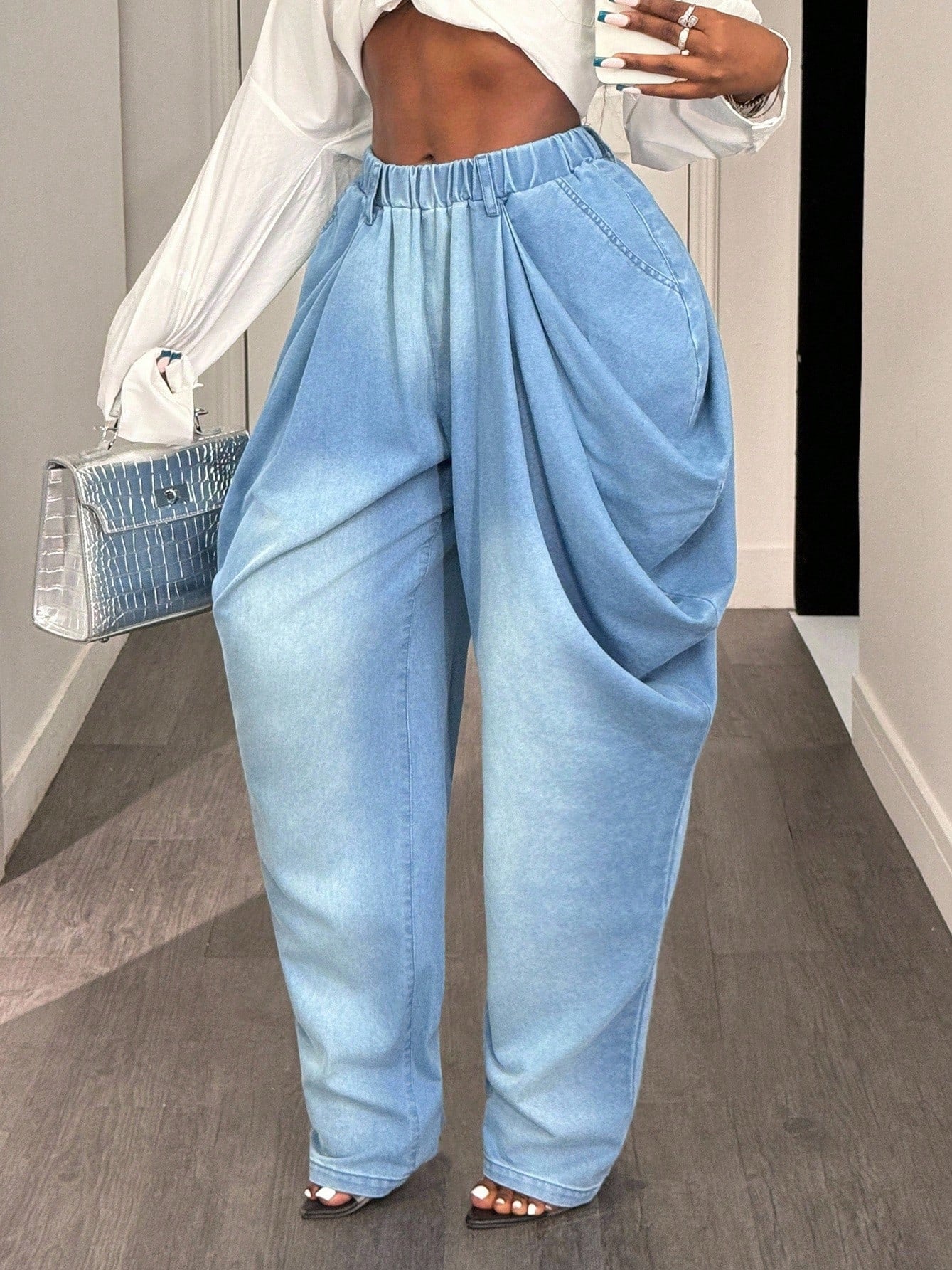 Damen Baggy-Jeans Hochtaillig Mit Seitentaschen Blau Eveloria