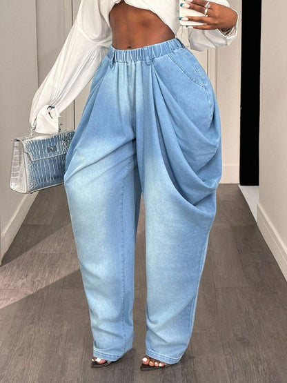 Damen Baggy-Jeans Hochtaillig Mit Seitentaschen Blau Eveloria