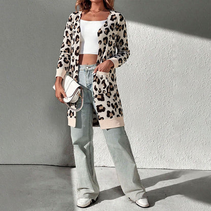 Damen Cardigan Leopardenmuster Baumwolle Taschen Beige