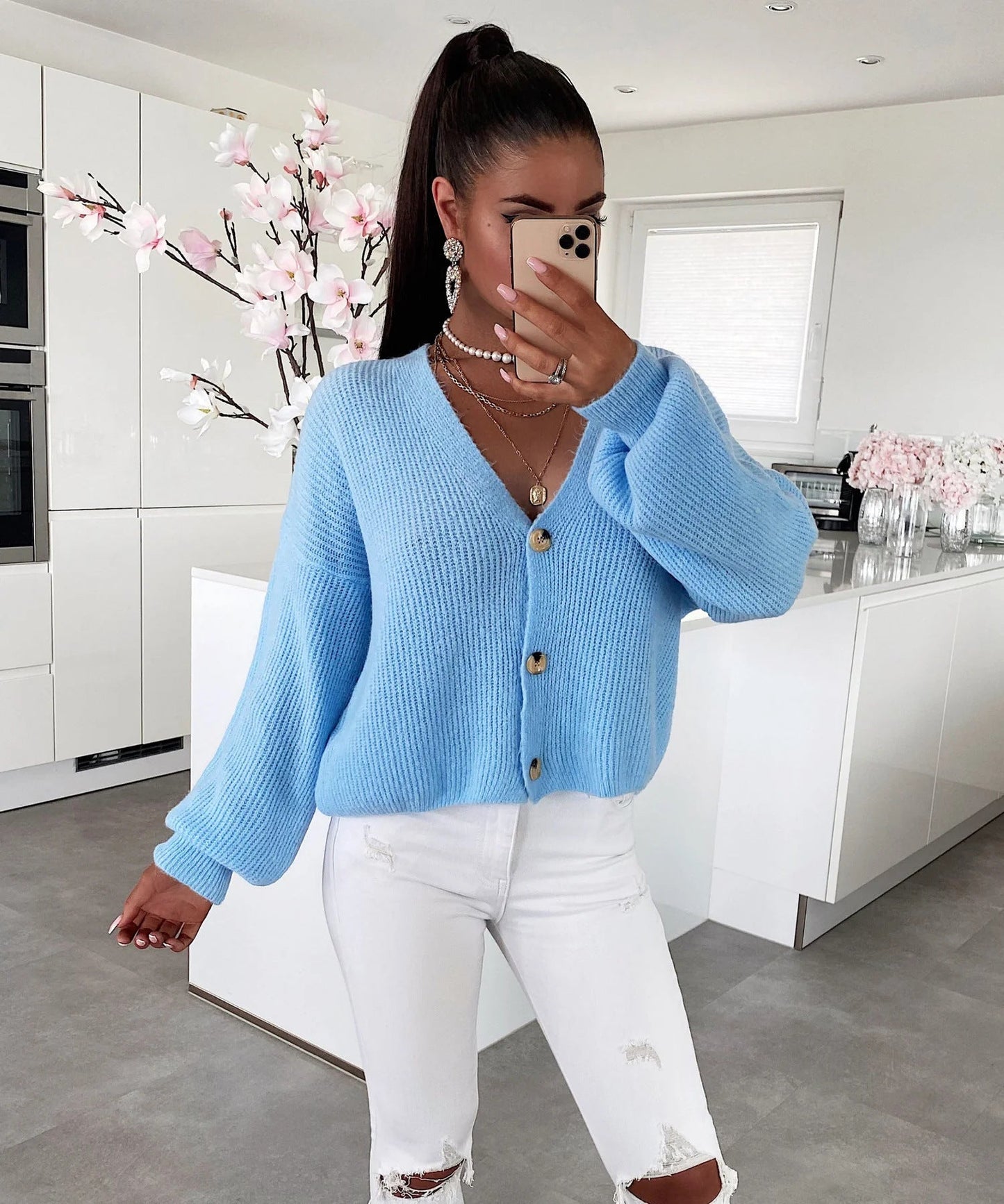 Damen Strickjacke Kuschelig Großknöpfe Lockere Ärmel Beige