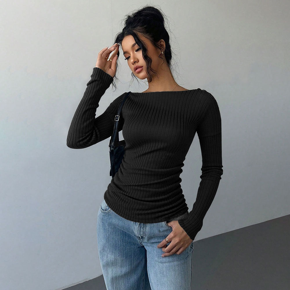 Damen Langarmshirt Schulterfrei Elegante Raffung Eveloria
