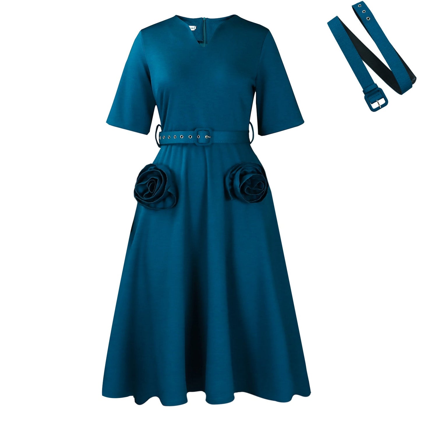 Damen Midi-Kleid Blumenapplikationen Taillengürtel Eveloria