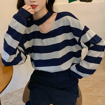 Damen Langarmshirt Streifenmuster V-Ausschnitt