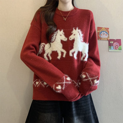 Damen Pullover Kuschelfleece Einhorn-Muster Grau