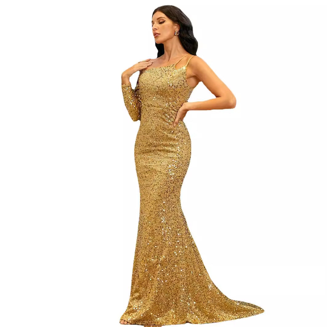 Damen Abendkleid Pailletten Asymmetrisch Eveloria
