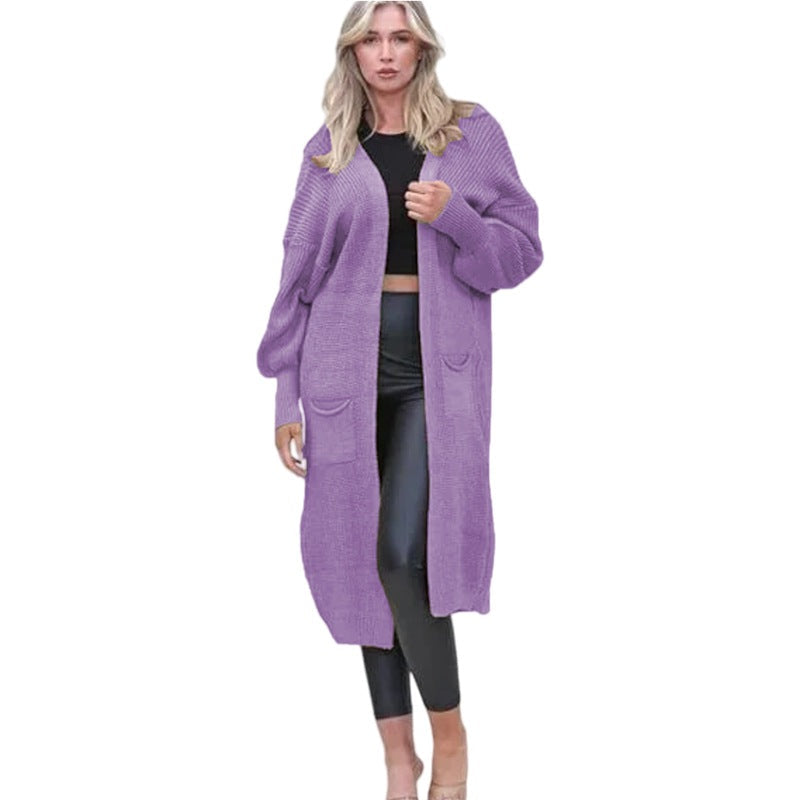Damen Cardigan Grobstrick Offene Taschen Lässig Beige