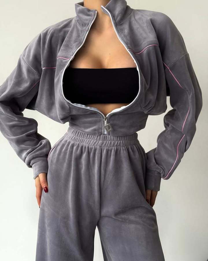 Damen Fleece Trainingsanzug Kurzreißverschluss Elastischer Bund