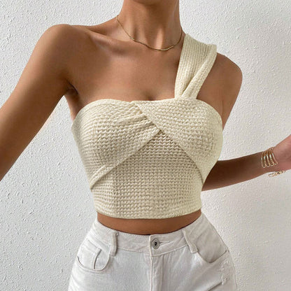 Damen Crop- Einseitiger Träger Raffung Elegantes Oberteil - Eveloria