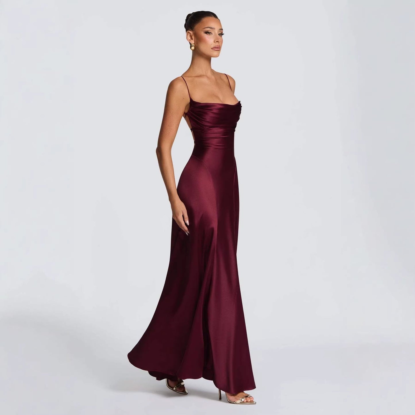 Damen Maxikleid Satin Spaghetti-Träger Eleganz