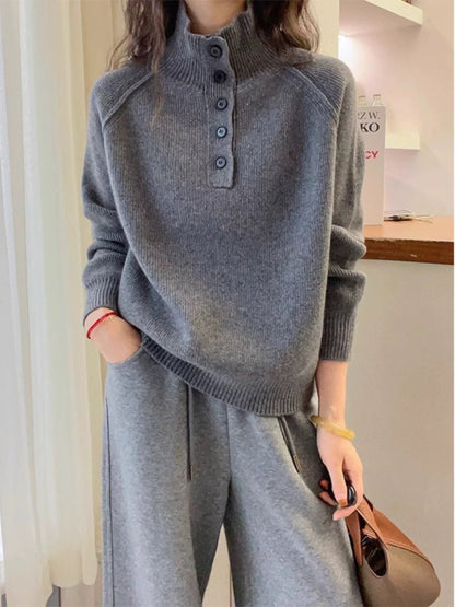 Damen Grobstrickpullover Hochkragen Dekorative Knöpfe Eveloria
