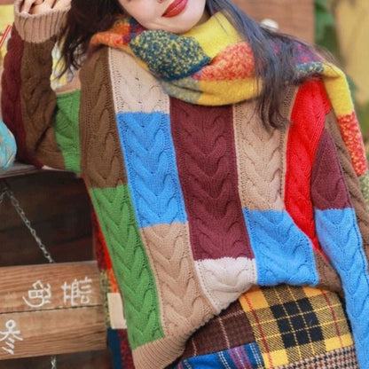 Damen Grobstrickpullover Bunt Patchwork-Muster