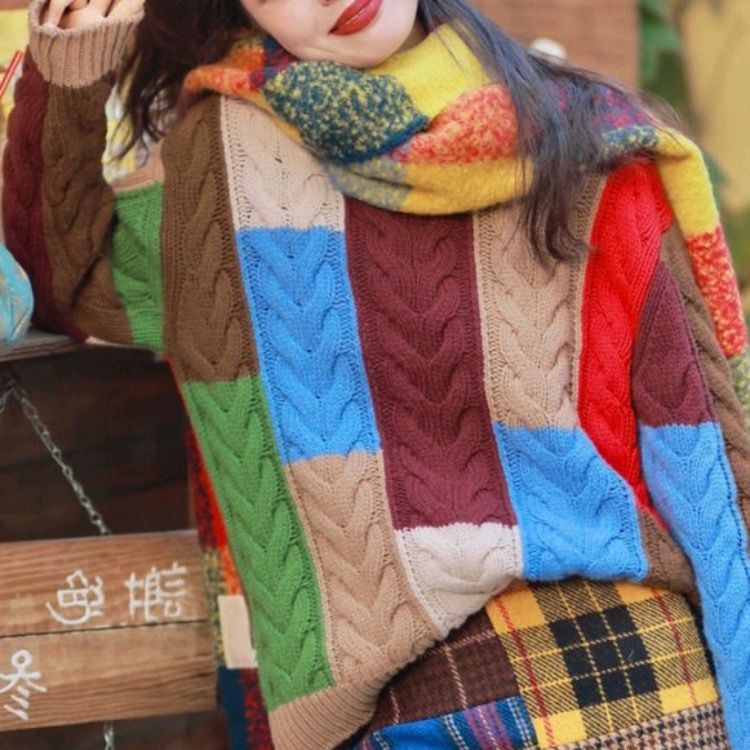 Damen Grobstrickpullover Patchwork Muster Eveloria
