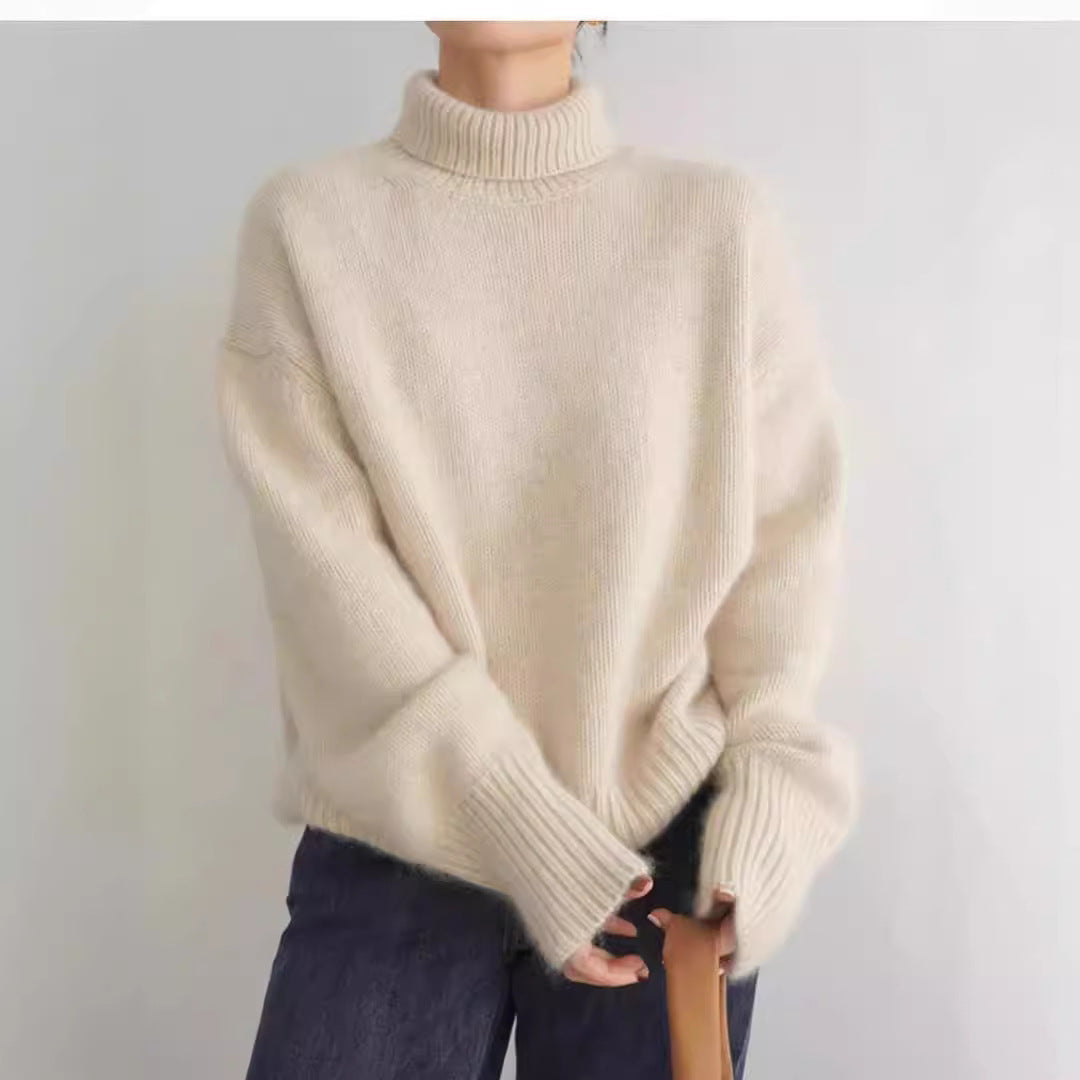 Damen Kaschmir Rollkragenpullover Weit Elegantes Design Beige