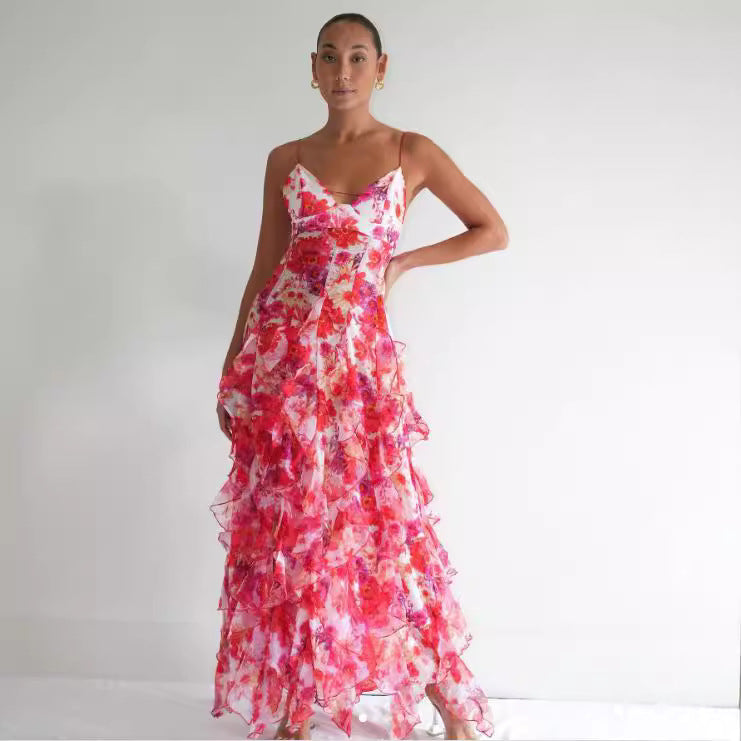Damen Langarmkleid Floralmuster Rüschendetails Eveloria