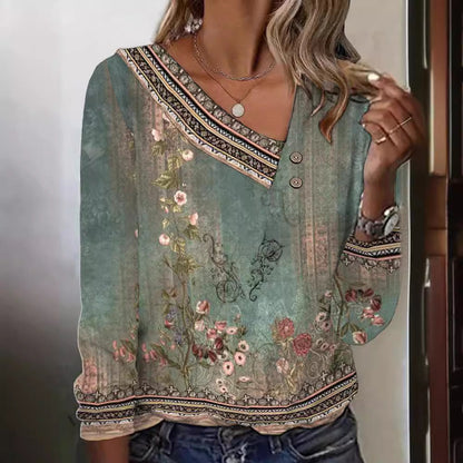 Damen Bluse Floralmuster V-Ausschnitt Eveloria