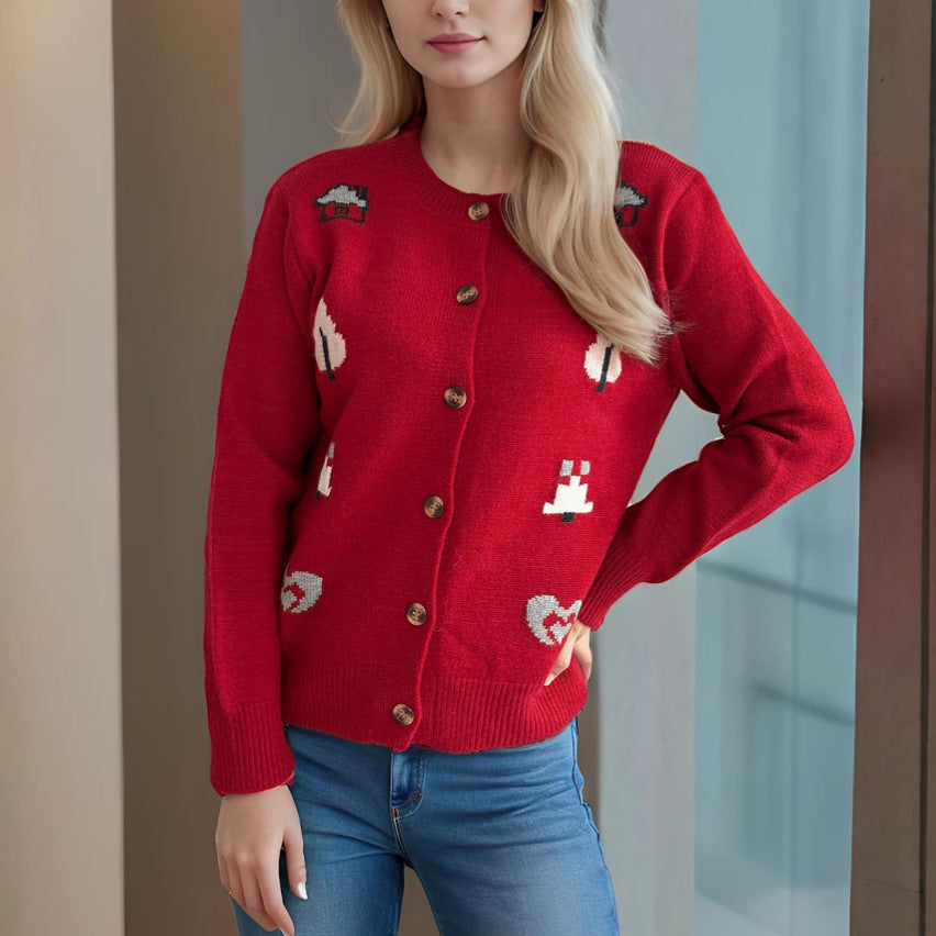 Damen Strickjacke Bunt Applikationen Knopfverschluss