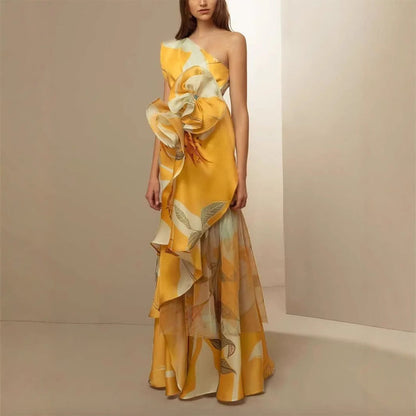 Damen Abendkleid Asymmetrisch Rüschen Eveloria