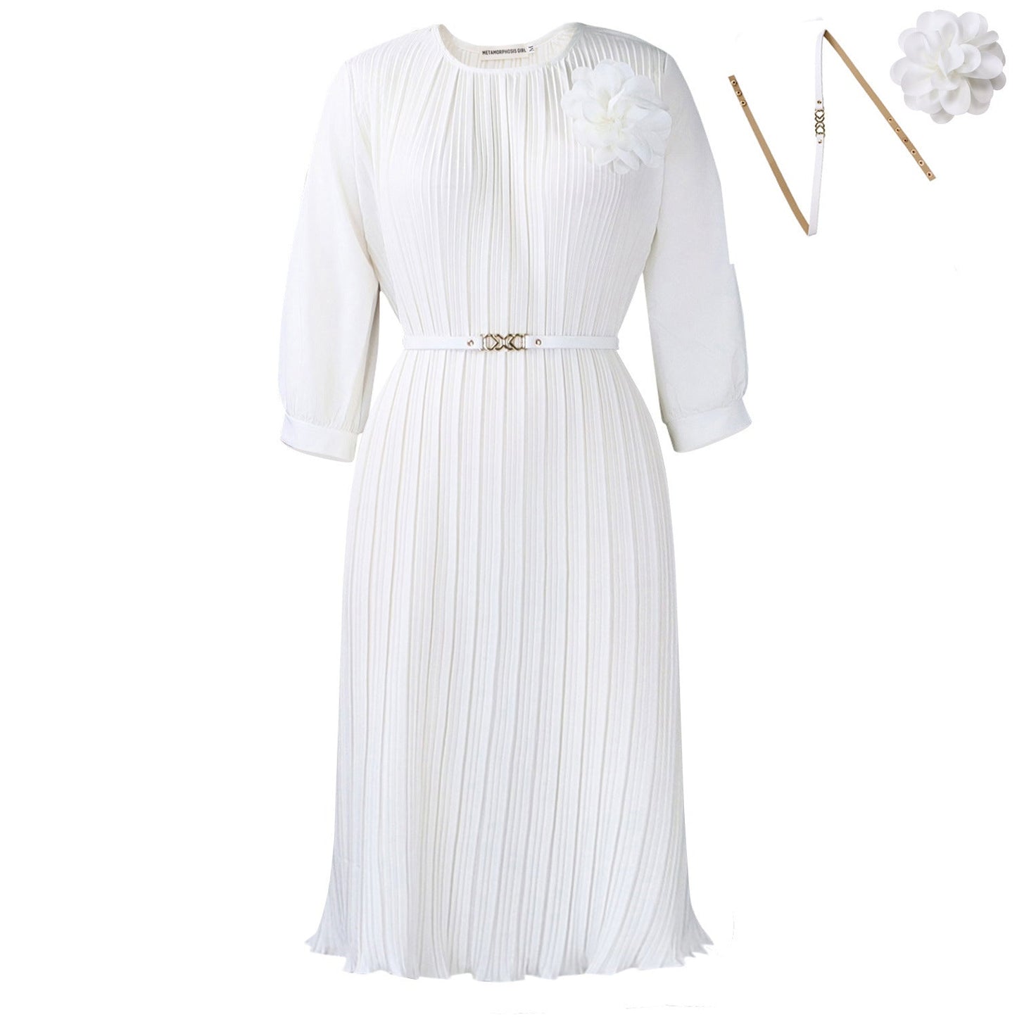 Damen Midi-Kleid Plissee Blumenapplikation Abnehmbarer Gürtel Eveloria