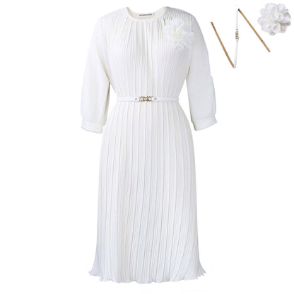 Damen Midi-Kleid Plissee Blumenapplikation Abnehmbarer Gürtel Eveloria