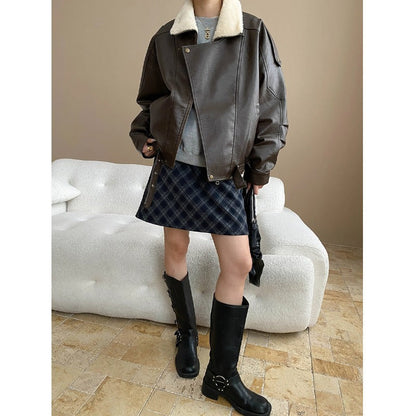 Damen Kunstlederjacke Lässig Großzügiger Kragen Weiches Futter
