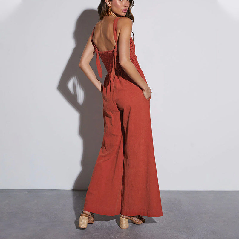 Damen Jumpsuit Weites Bein Gesmoktes Oberteil Eveloria