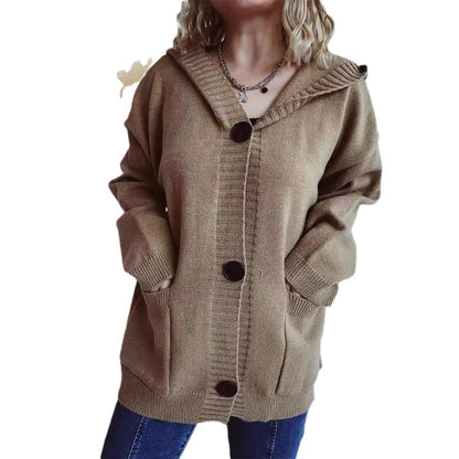 Damen Strickjacke Kapuze Aufgesetzte Taschen Kuschelig Grau Eveloria