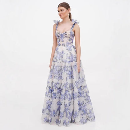 Damen Maxikleid mit Blumenmuster und Rüschen Trägern