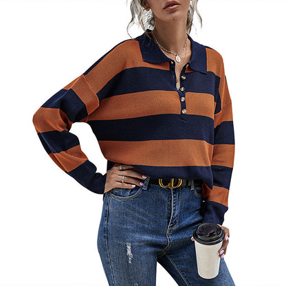 Damen Oversized Pullover Streifenmuster Knopfleiste