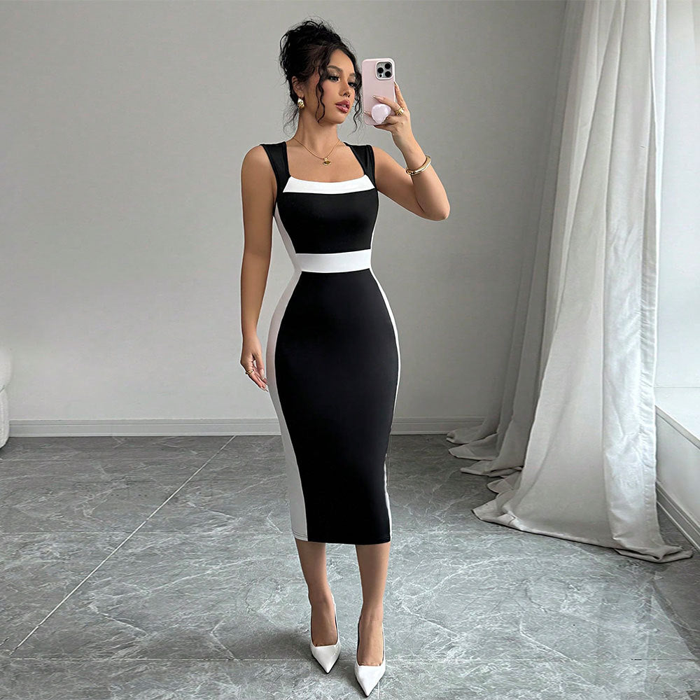 Eveloria Damen Midi-Kleid Figurbetont Kontrastschnitt