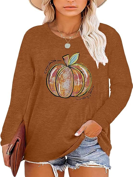 Damen Langarmshirt Kürbis-Motiv Eveloria Herbstlich Braun